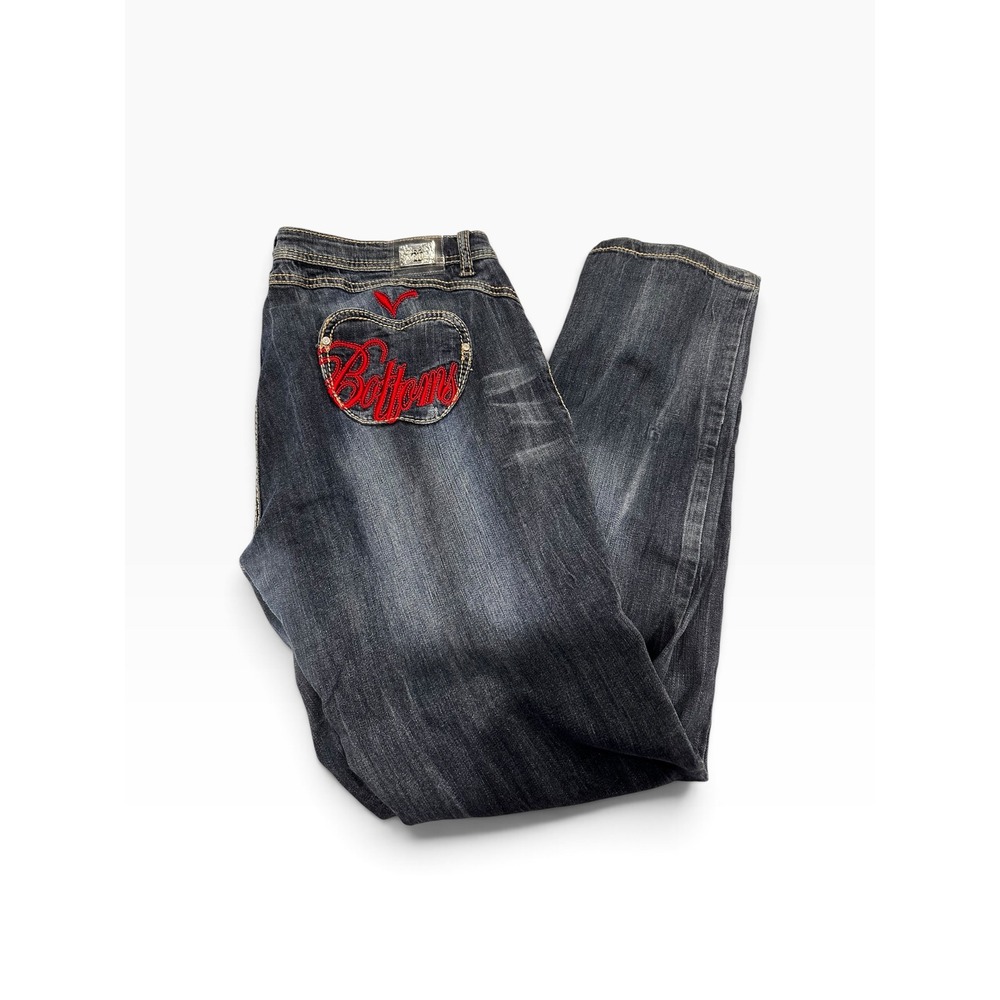 Apple Bottoms Dark Wash Embroidered Logo Straight Leg Jeans Blue Cotton Blend